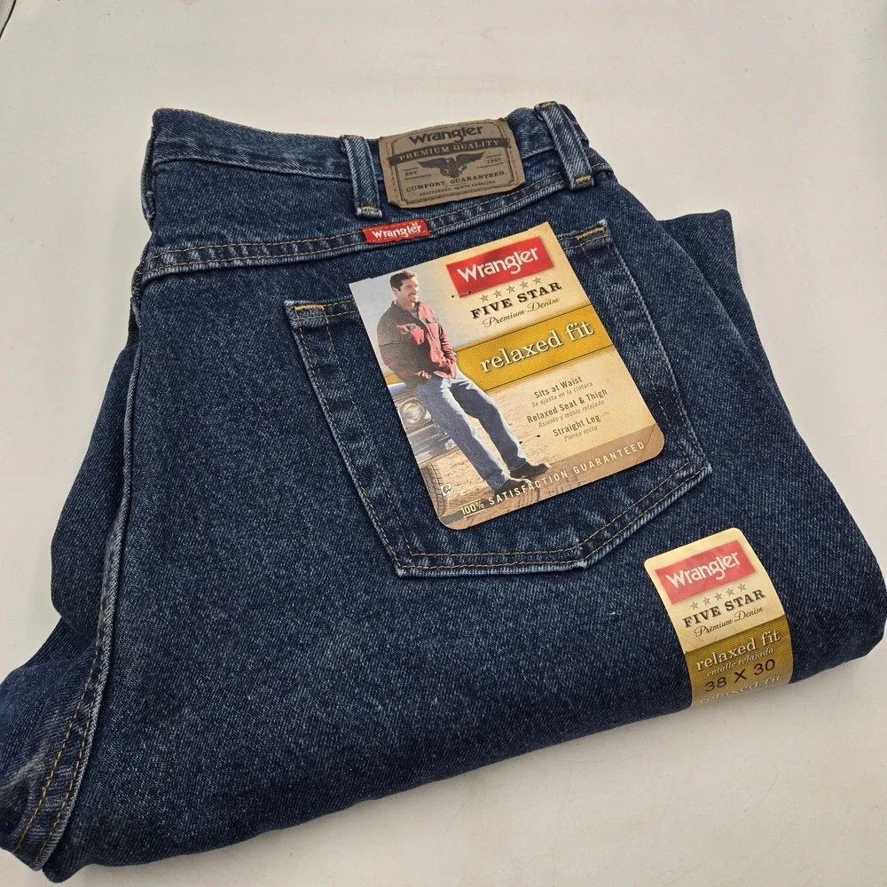 Wrangler Jeans Mens 38x30 Blue Five Star Premium Relaxed Fit NEW Workwear Rugged